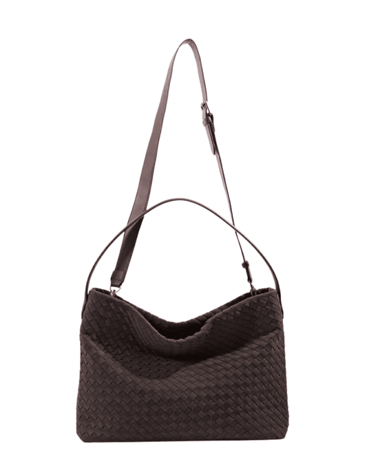 Austin Blaze Fletcher Espresso Woven Bucket Bag with removable crossbody strap, textured vegan suede exterior, and relaxed silhouette.