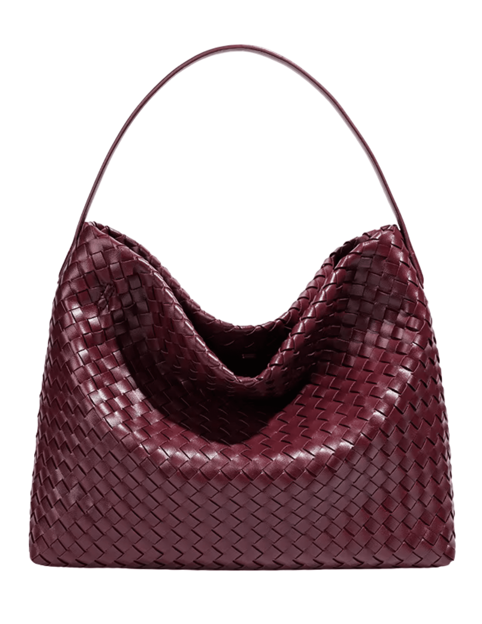 Austin Blaze Fletcher Woven Shoulder Bag in burgundy vegan leather with a slouchy woven silhouette and shoulder strap.