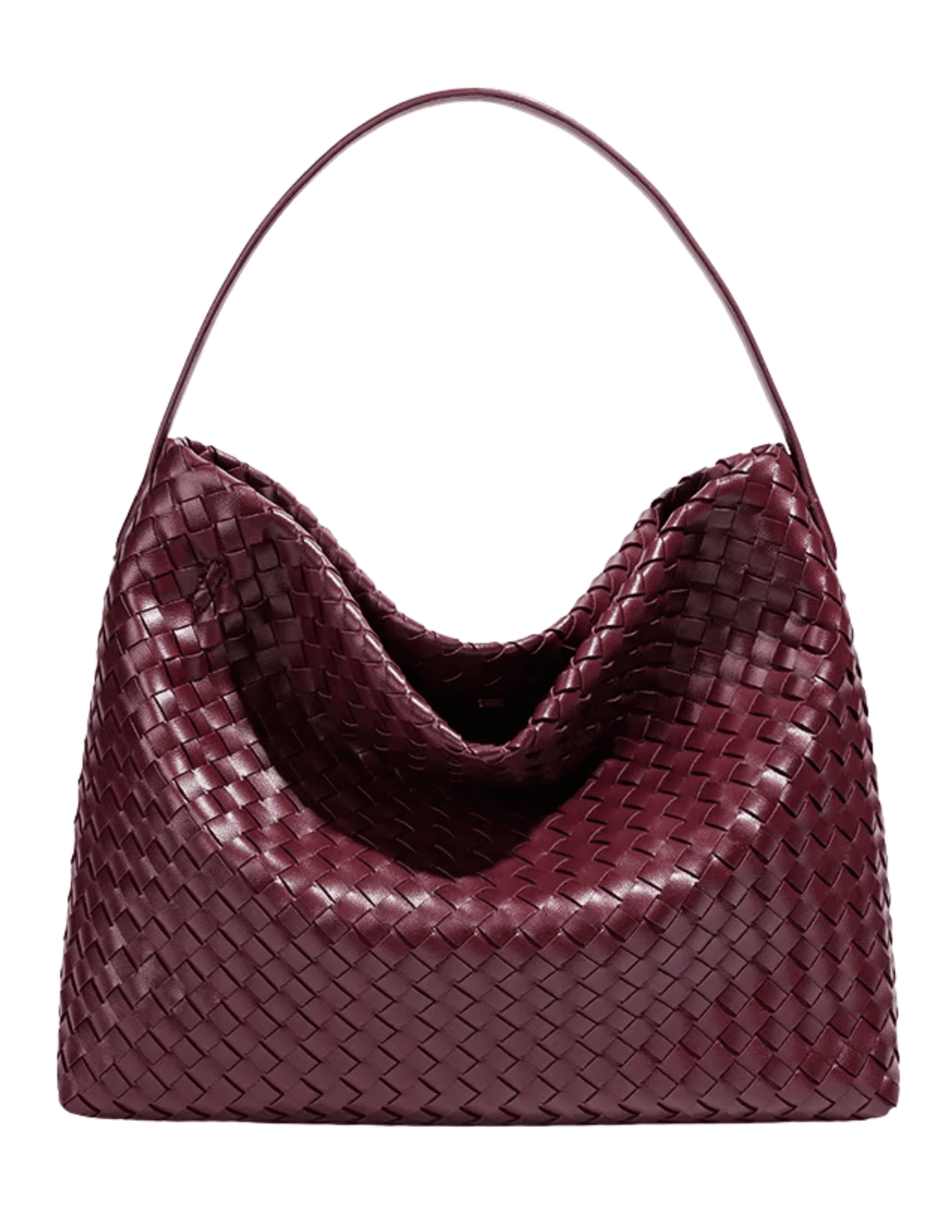 Austin Blaze Fletcher Woven Shoulder Bag in burgundy vegan leather with a slouchy woven silhouette and shoulder strap.