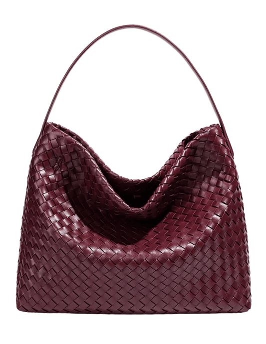 Austin Blaze Fletcher Woven Shoulder Bag in burgundy vegan leather with a slouchy woven silhouette and shoulder strap.
