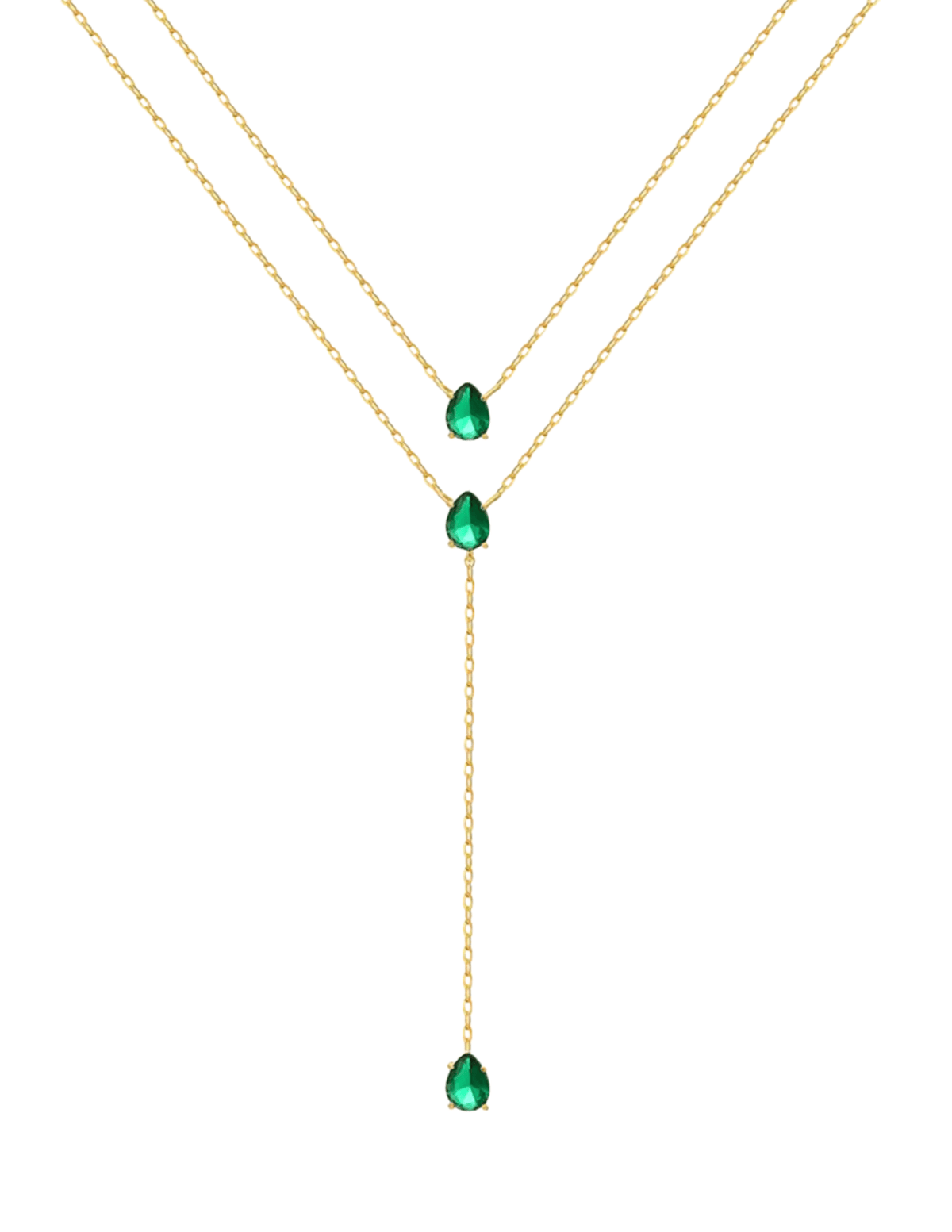Austin Blaze green zirconia lariat necklace in gold with layered double chain