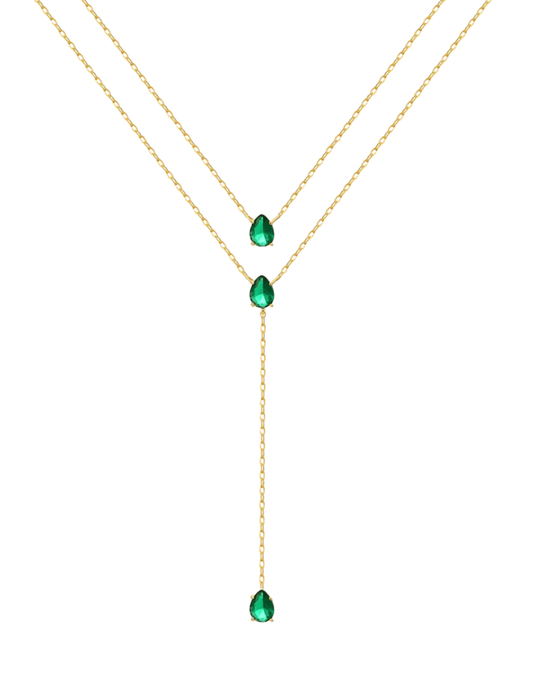 Austin Blaze green zirconia lariat necklace in gold with layered double chain