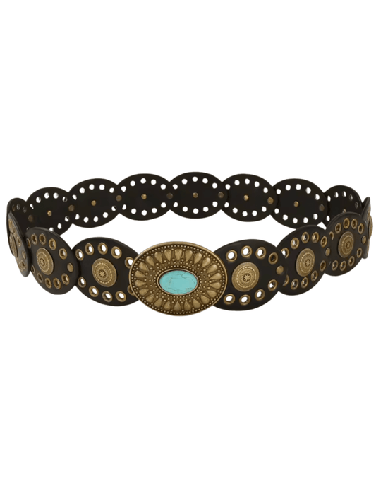 Austin Blaze Hannah Medallion Belt in black with turquoise stone buckle
