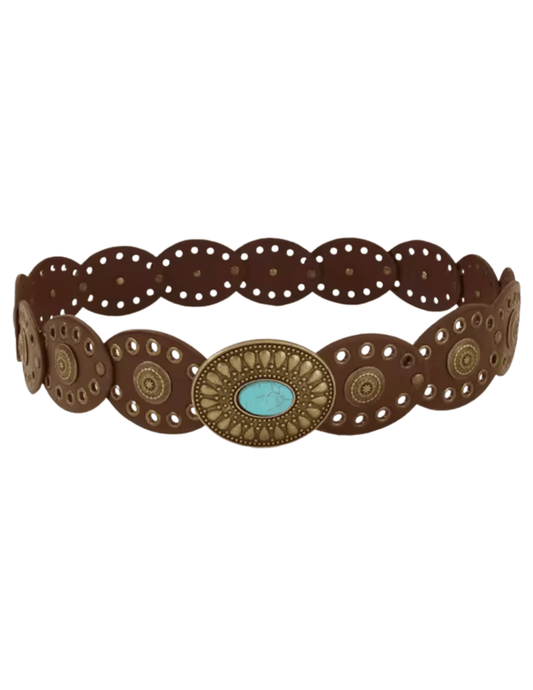 Austin Blaze Hannah Medallion Belt in coffee brown with turquoise stone buckle