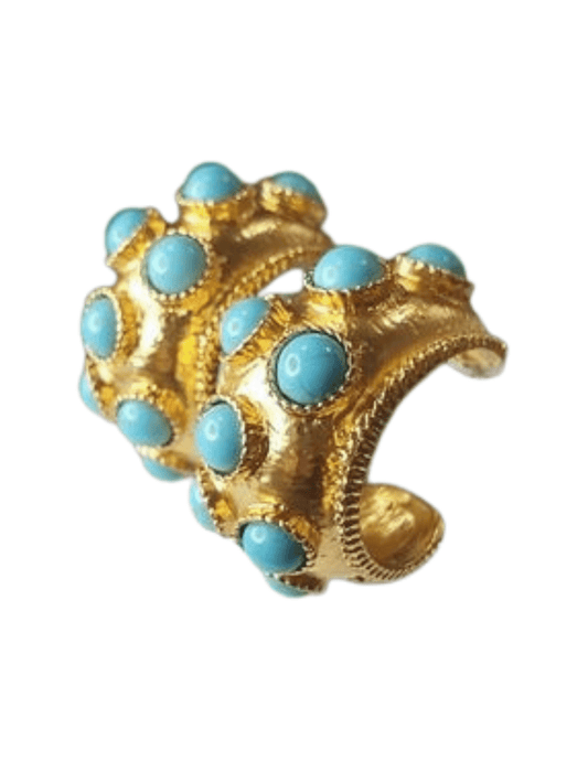 “Austin Blaze Iris Vintage Hoop Earrings in gold with turquoise stone details.