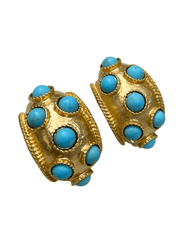 Gold and turquoise statement hoops with vintage-inspired design.