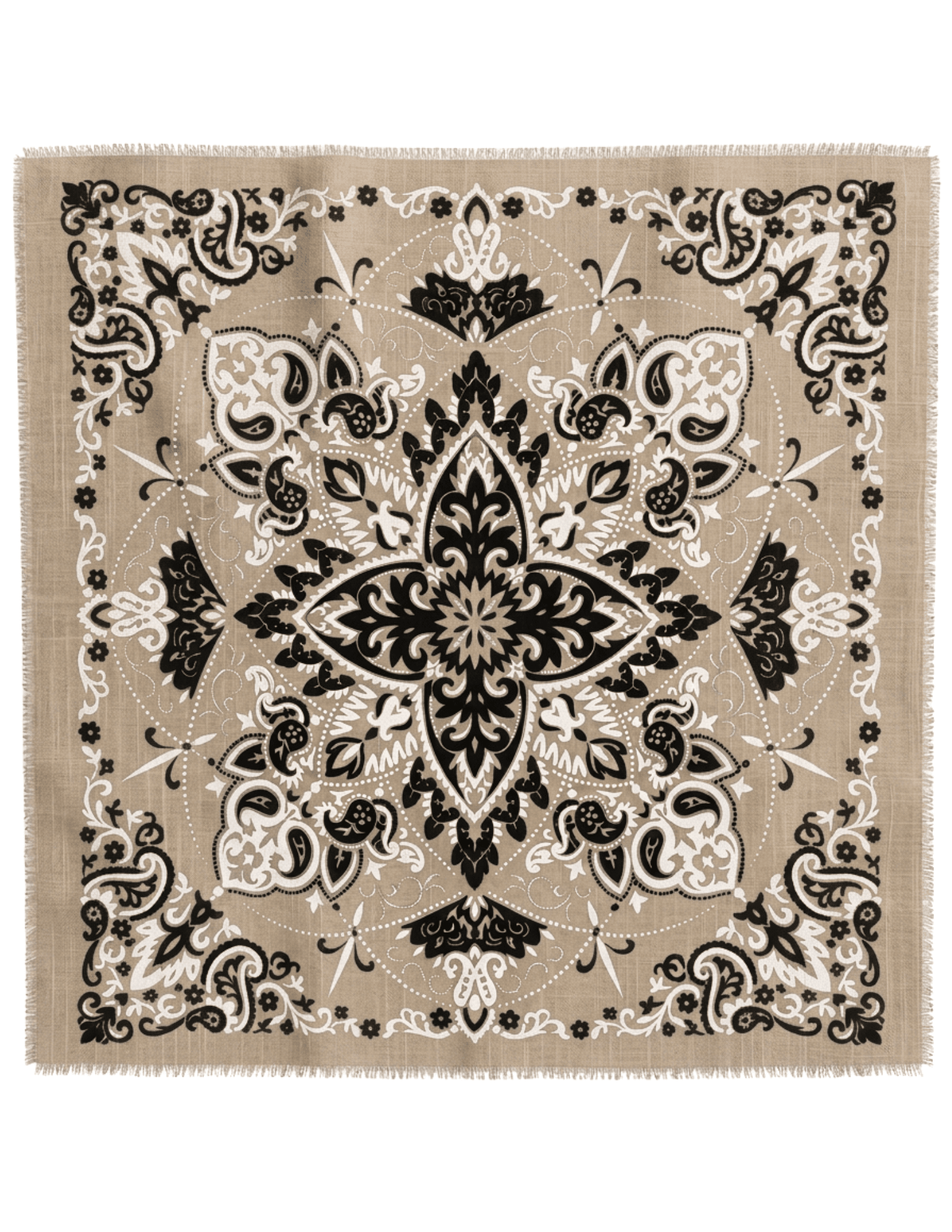 Austin Blaze Ivy Bandana Scarf in biscuit beige with black and ivory paisley print and fringe trim