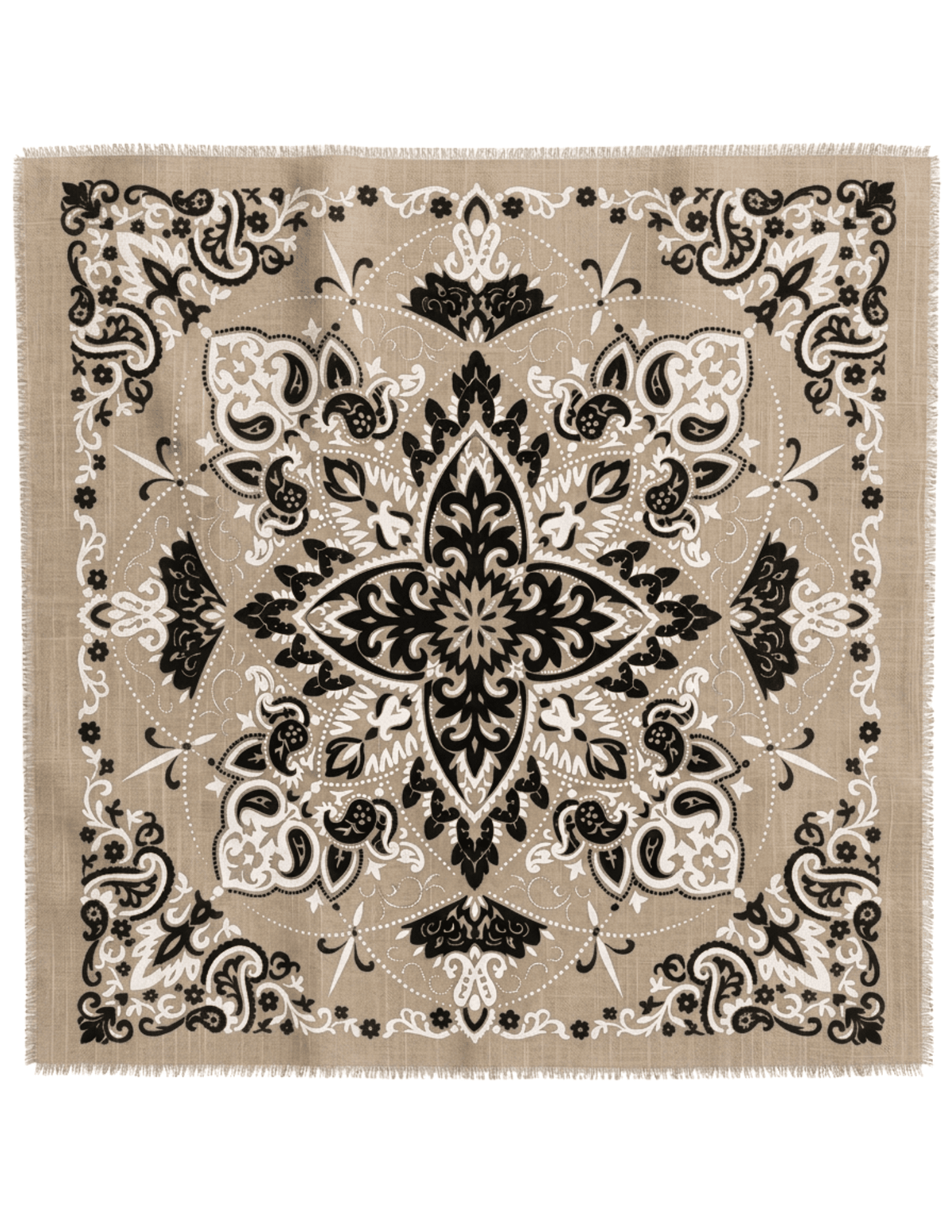 Austin Blaze Ivy Bandana Scarf in biscuit beige with black and ivory paisley print and fringe trim