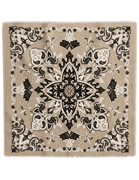 Austin Blaze Ivy Bandana Scarf in biscuit beige with black and ivory paisley print and fringe trim
