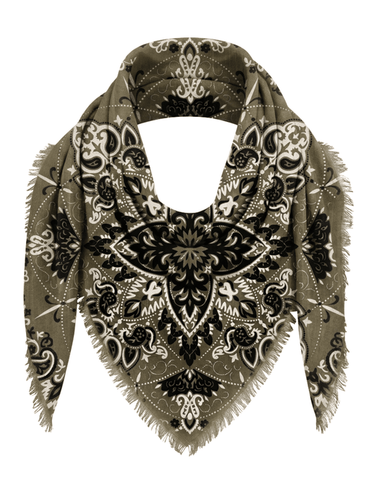 Austin Blaze Ivy oversized olive paisley bandana scarf styled around the neck