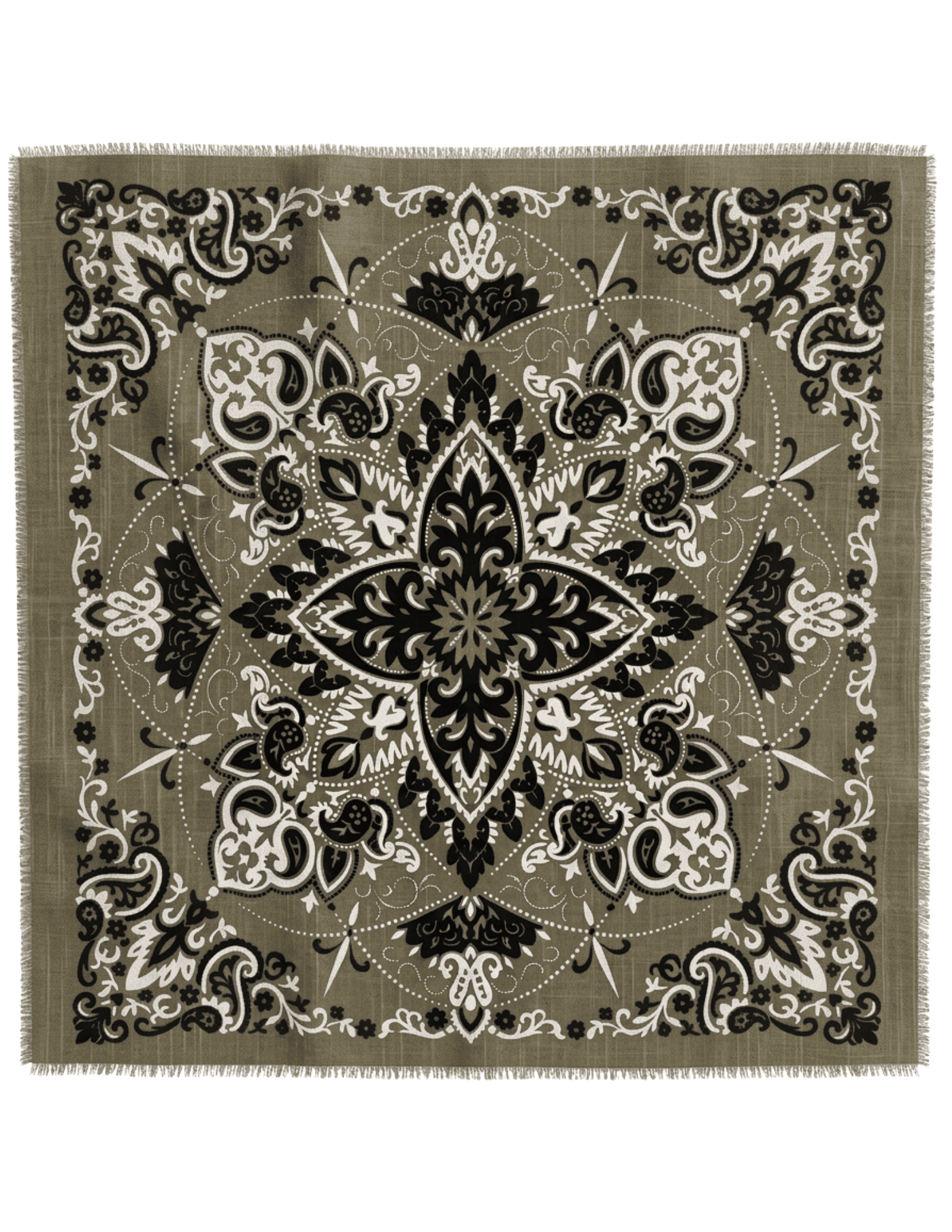 Austin Blaze Ivy Bandana Scarf in olive green with intricate black and ivory paisley print and fringe trim