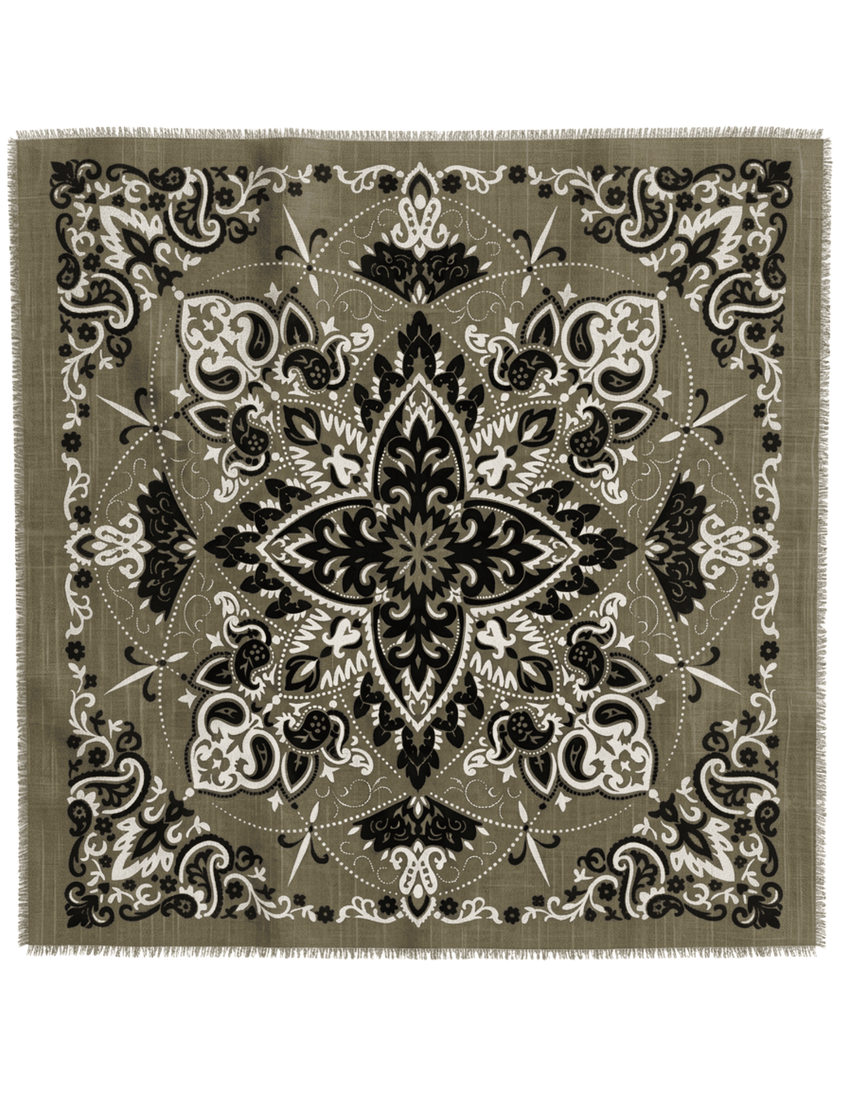 Austin Blaze Ivy Bandana Scarf in olive green with intricate black and ivory paisley print and fringe trim