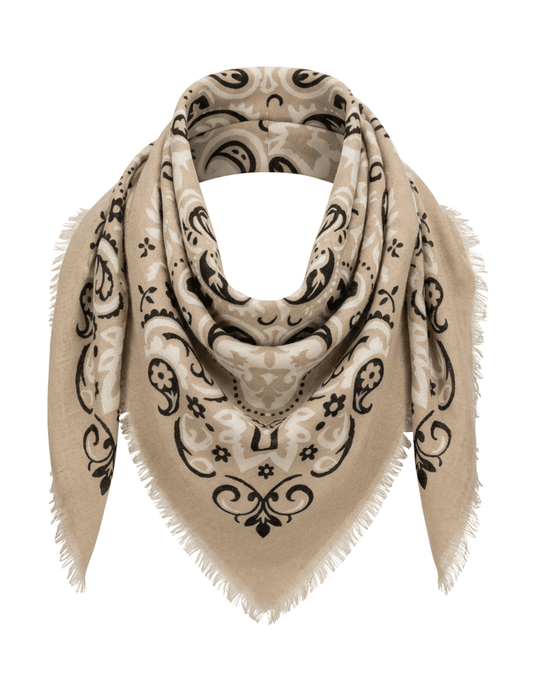 Austin Blaze Ivy oversized paisley bandana scarf in biscuit styled around the neck