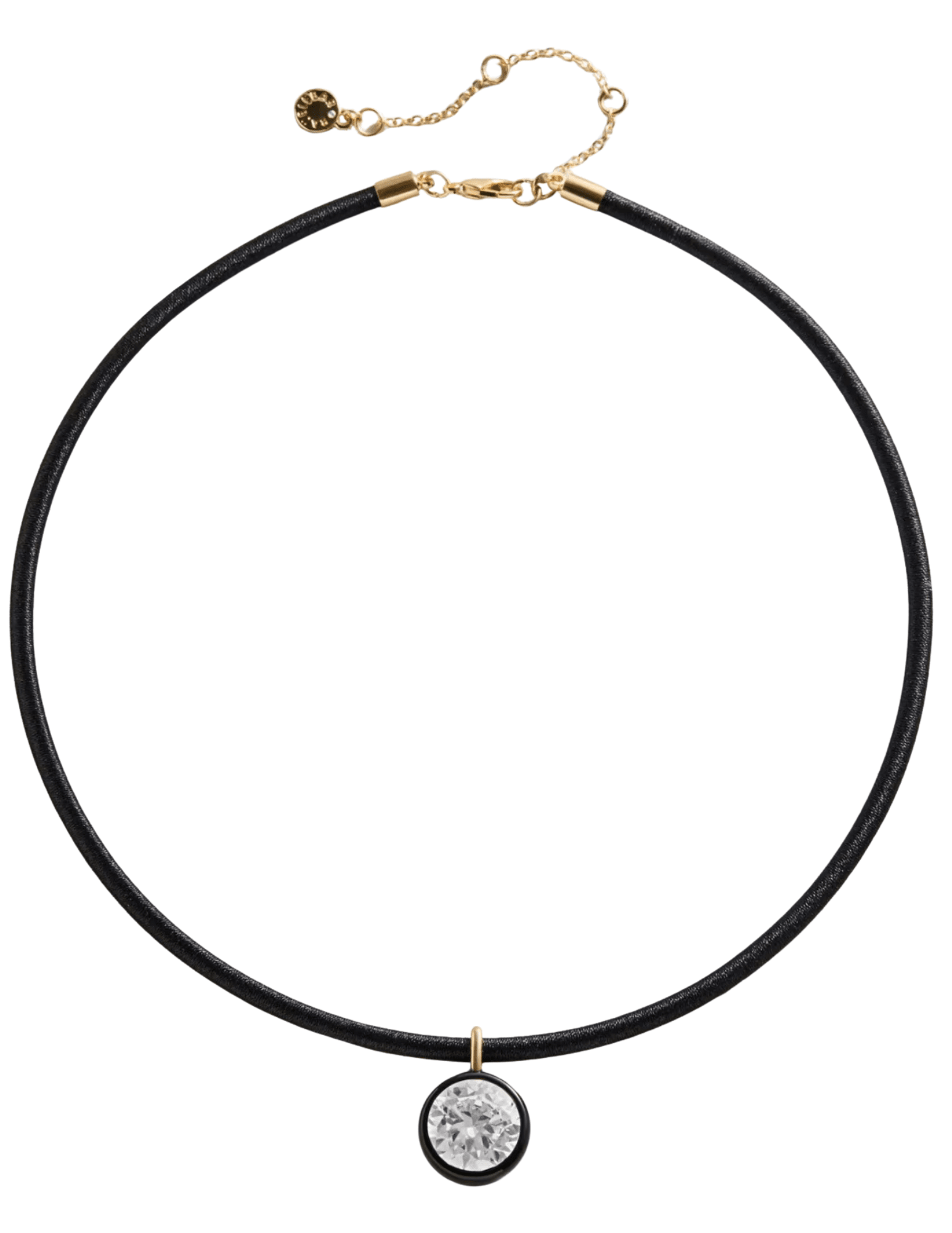 Austin Blaze Leah Bezel CZ Cord Necklace in Black & Gold featuring a round cubic zirconia pendant, black enamel bezel, and adjustable gold-tone chain.