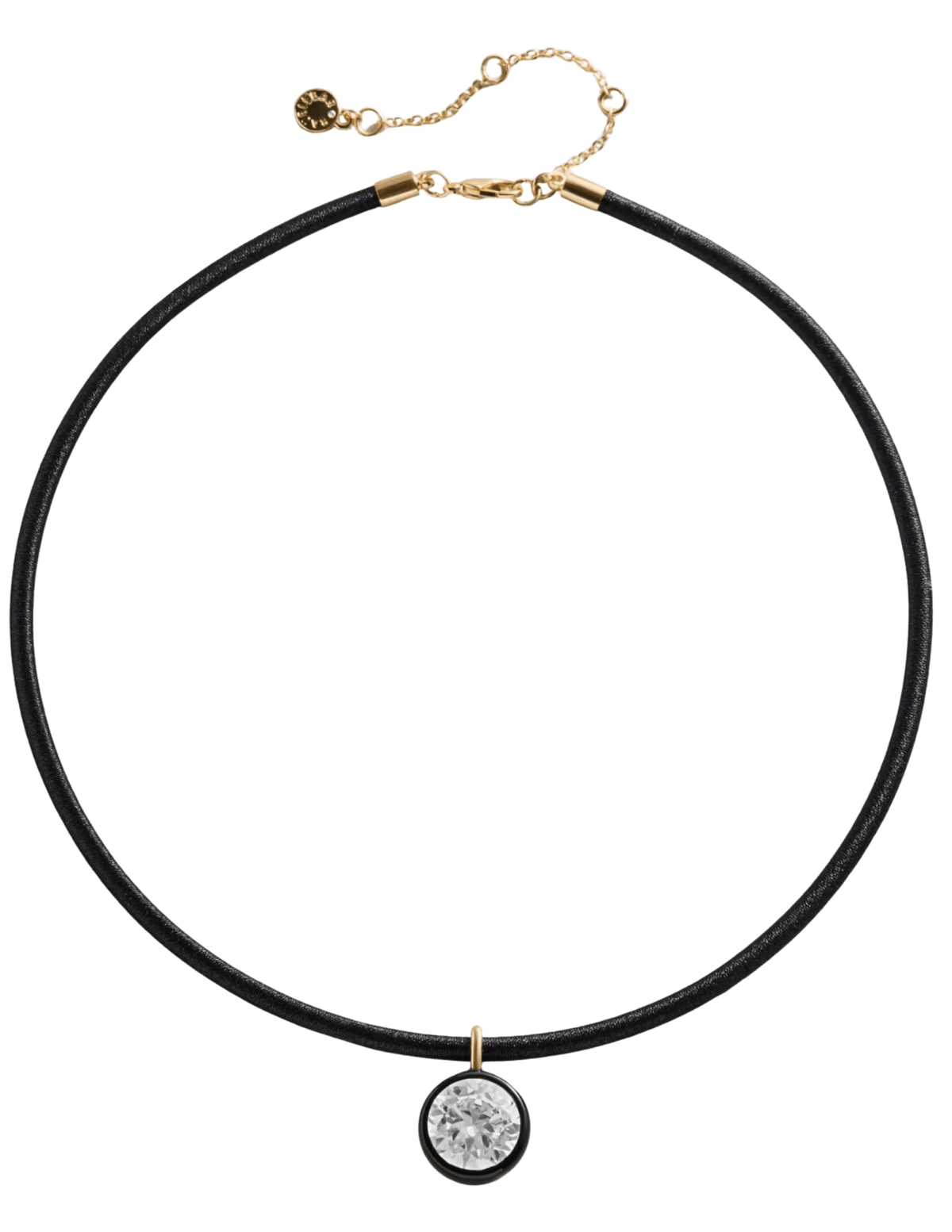 Austin Blaze Leah Bezel CZ Cord Necklace in Black & Gold featuring a round cubic zirconia pendant, black enamel bezel, and adjustable gold-tone chain.