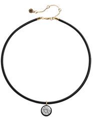 Austin Blaze Leah Bezel CZ Cord Necklace in Black & Gold featuring a round cubic zirconia pendant, black enamel bezel, and adjustable gold-tone chain.