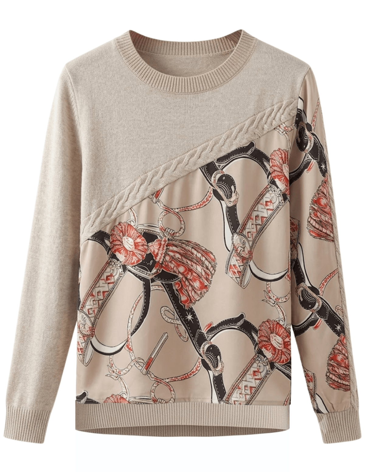 Austin Blaze Leanne Long Sleeve Scarf Front Knit Top Beige Tassel Bit Multi