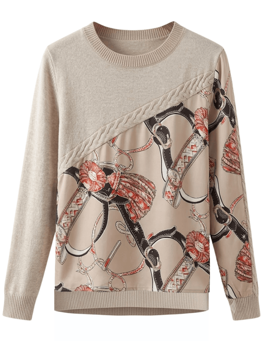 Austin Blaze Leanne Long Sleeve Scarf Front Knit Top Beige Tassel Bit Multi