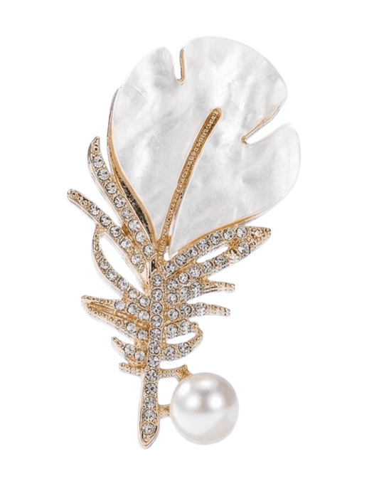 Austin Blaze Lilla feather brooch in gold ivory with CZ pavé and pearl detail