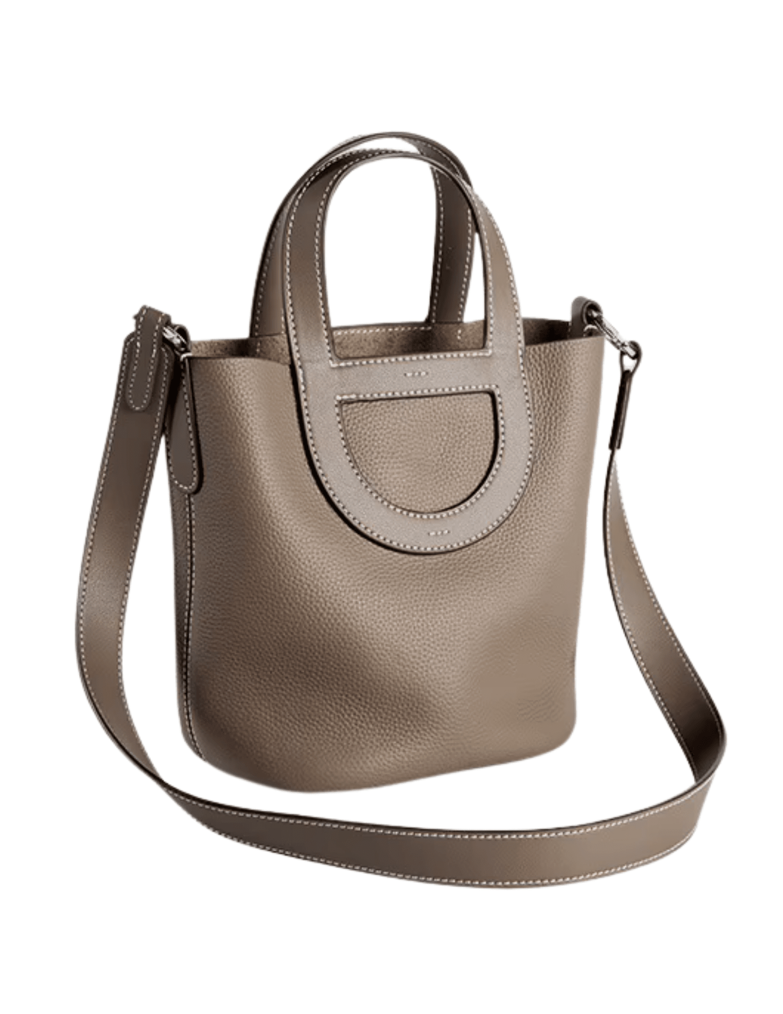 Austin Blaze Lunara Leather Bucket Bag in Taupe with crossbody strap