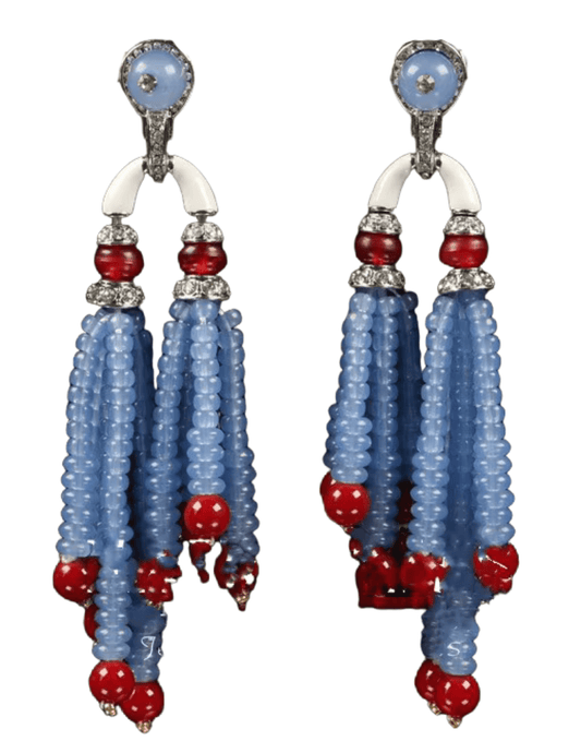 Austin Blaze Mila Tassel Earrings with blue beads and red accents.