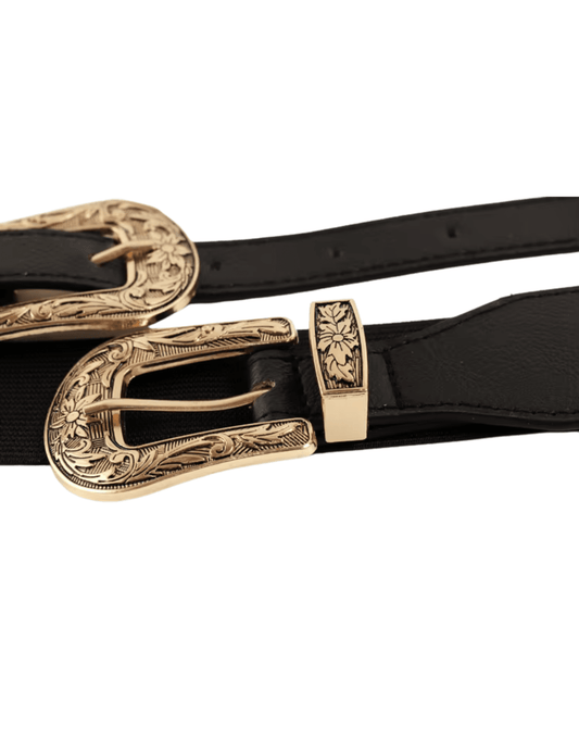 Close-up of ornate gold-tone buckles on the Austin Blaze Mina Double Buckle Stretch Belt.