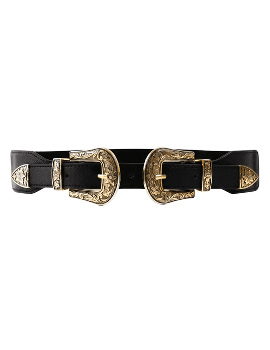 Austin Blaze Mina Double Buckle Stretch Belt in black with ornate gold-tone buckles.