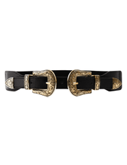 Austin Blaze Mina Double Buckle Stretch Belt in black with ornate gold-tone buckles.