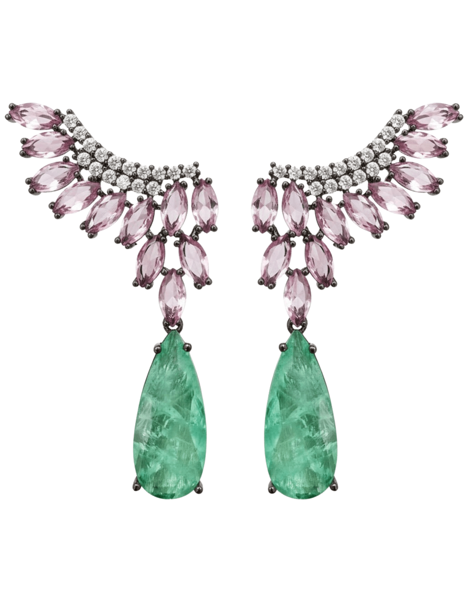 Pair of earrings with pink gemstones and green teardrop stones on a white background
