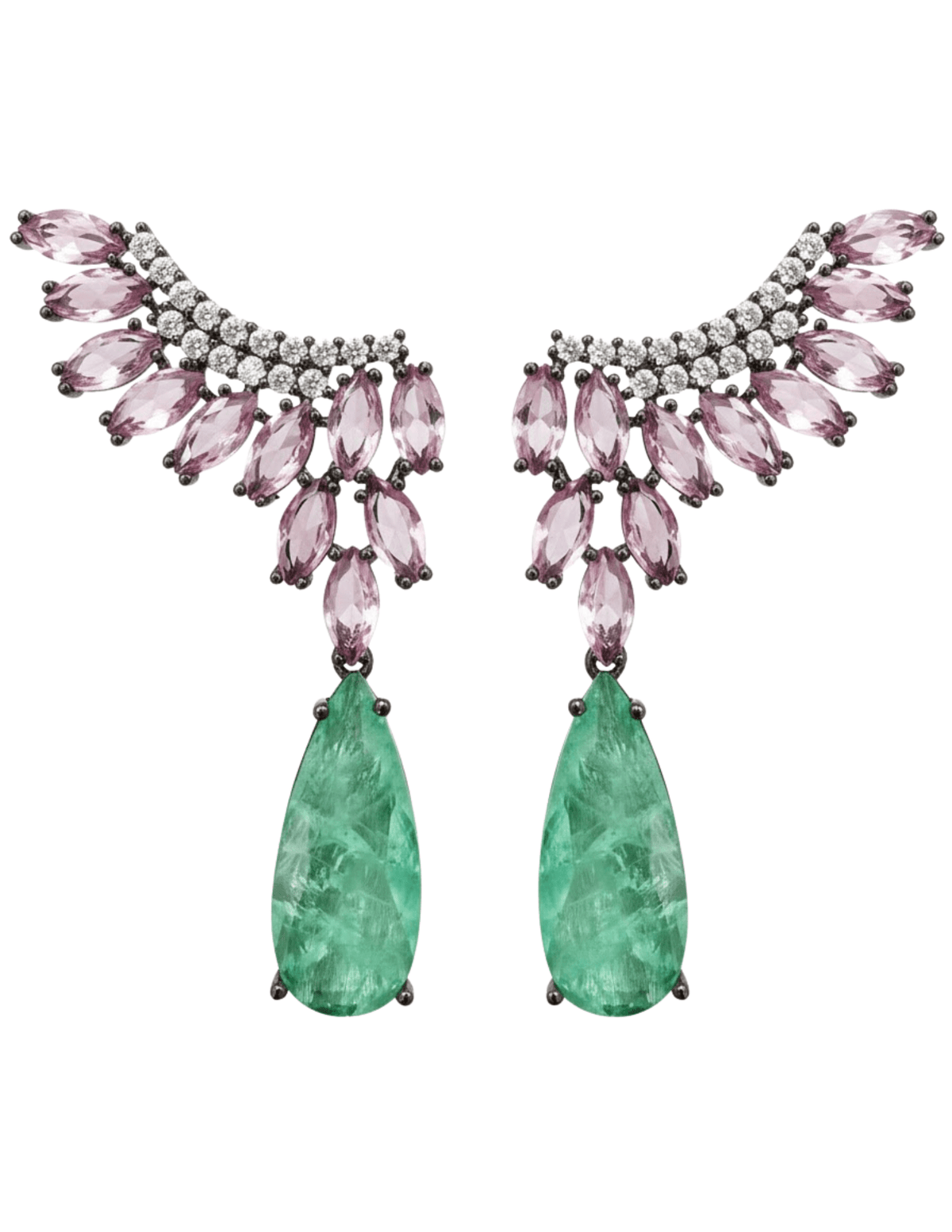 Pair of earrings with pink gemstones and green teardrop stones on a white background