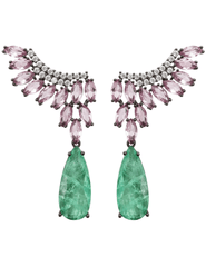 Pair of earrings with pink gemstones and green teardrop stones on a white background