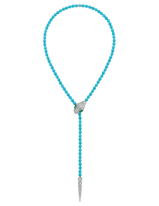 Austin Blaze Paola Turquoise Serpent Lariat Necklace with turquoise beads and pavé serpent detail
