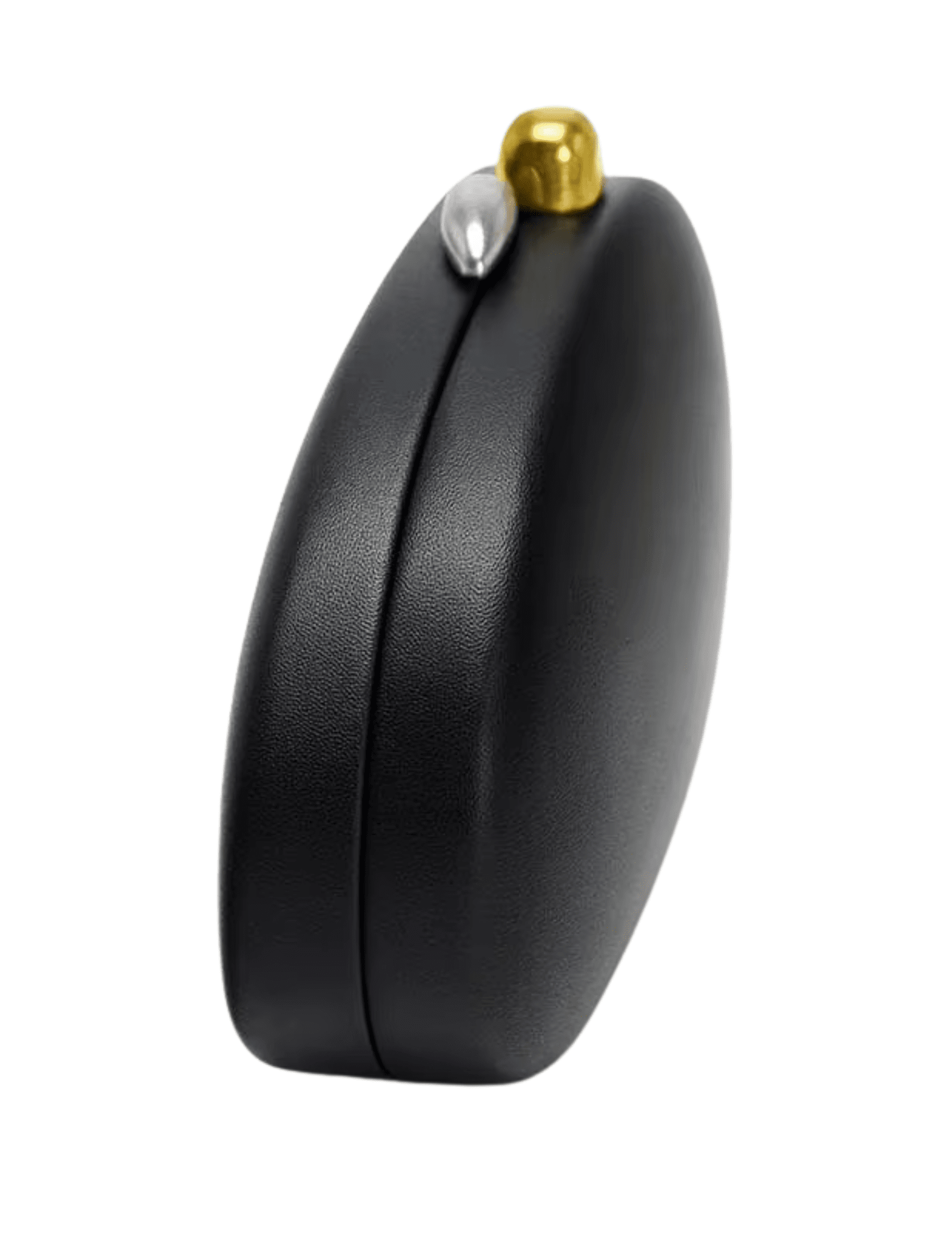 Side view of Austin Blaze Pimm sculptural clutch in black vegan leather