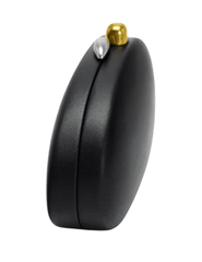 Side view of Austin Blaze Pimm sculptural clutch in black vegan leather