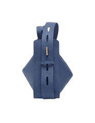 Gold-tone twist lock and toggle strap on dusty blue leather purse
