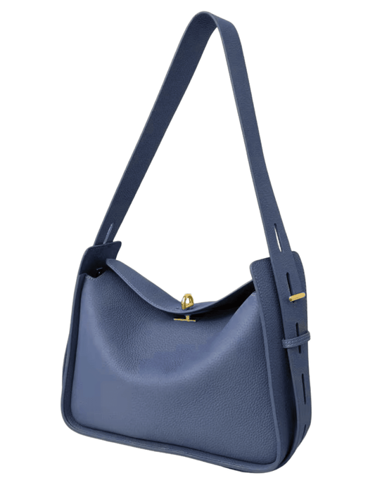 Dusty blue genuine leather shoulder bag with structured silhouette