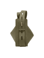 Gold-tone twist lock and toggle strap detail on olive leather handbag