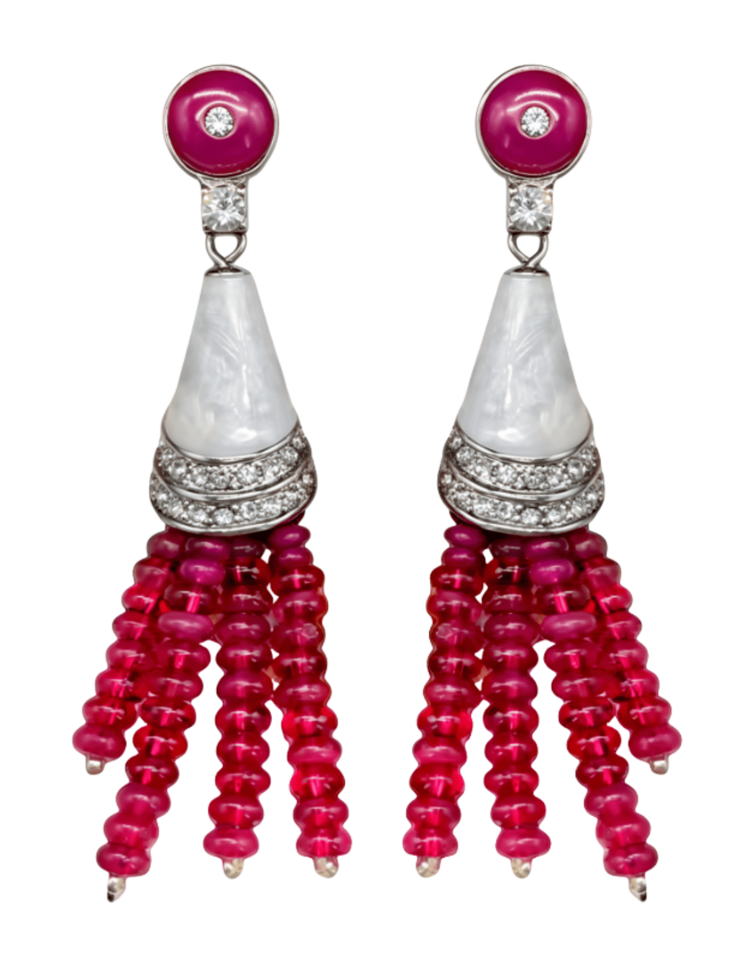 Austin Blaze Shilo fuchsia tassel earrings with beaded strands and pearly cone detail