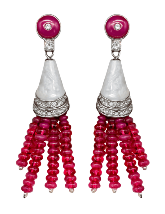 Austin Blaze Shilo fuchsia tassel earrings with beaded strands and pearly cone detail