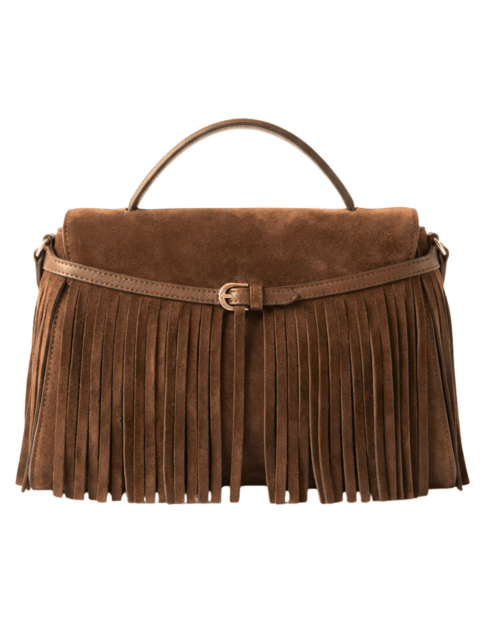 Back view of Austin Blaze Shirley camel suede handbag with a structured flap closure, top handle, buckle detail, and long fringe trim.