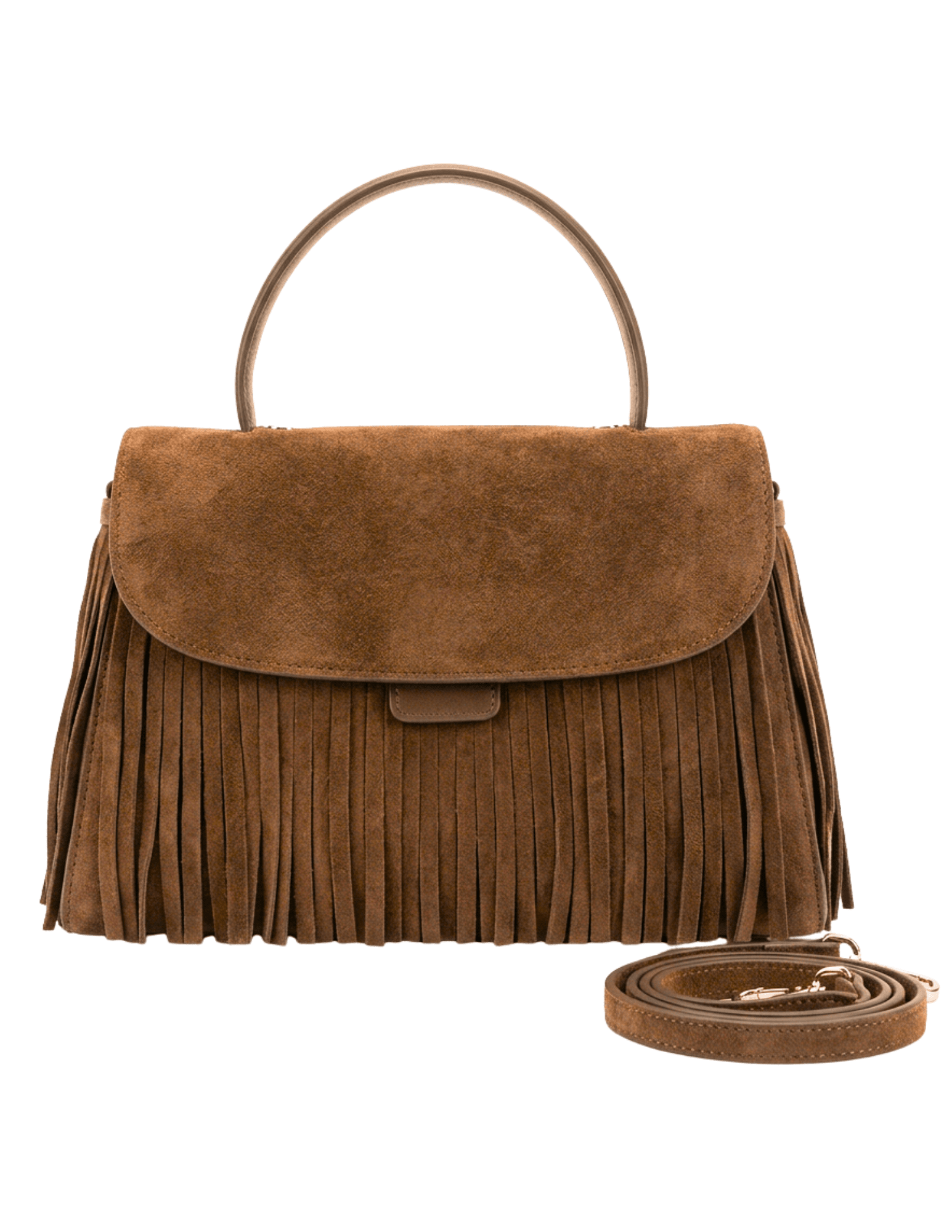 Austin Blaze Shirley suede fringe top handle bag in camel featuring genuine suede, cascading fringe, and removable crossbody strap.