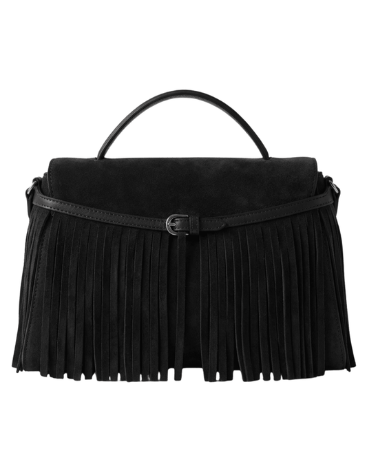 Back view of Austin Blaze Shirley black suede fringe handbag featuring a structured flap silhouette, top handle, and decorative buckle detail.
