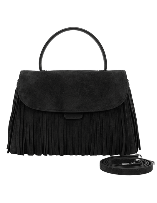 Austin Blaze Shirley suede fringe top handle bag in black featuring genuine suede, cascading fringe, and a removable crossbody strap.