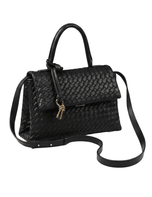 Austin Blaze Sloane Woven Top Handle Bag in black, with crossbody strap