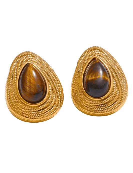 Austin Blaze Tigra Teardrop Stud Earrings in gold with tiger’s eye gemstone