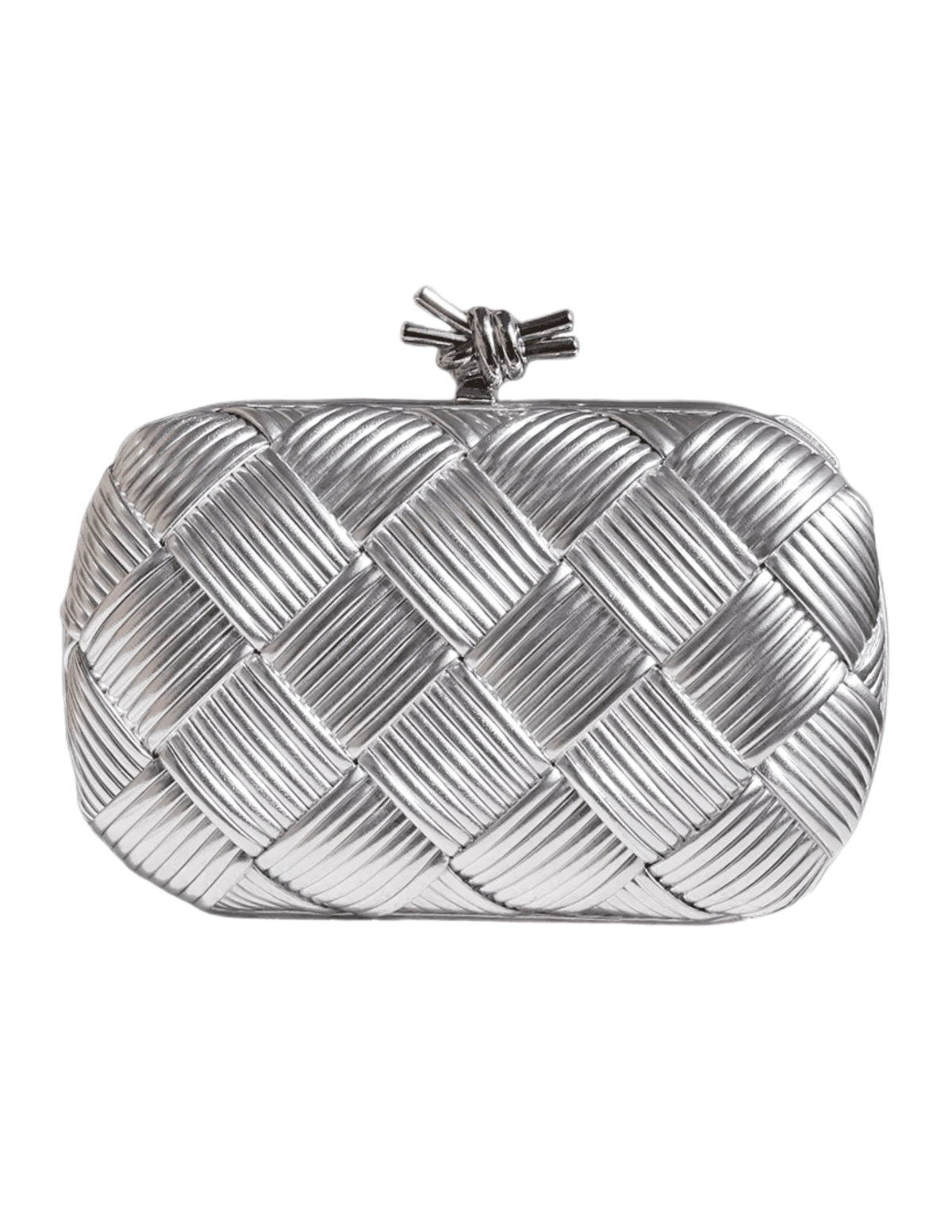 Austin Blaze Tina Metallic Woven Clutch in Silver with geometric woven design.