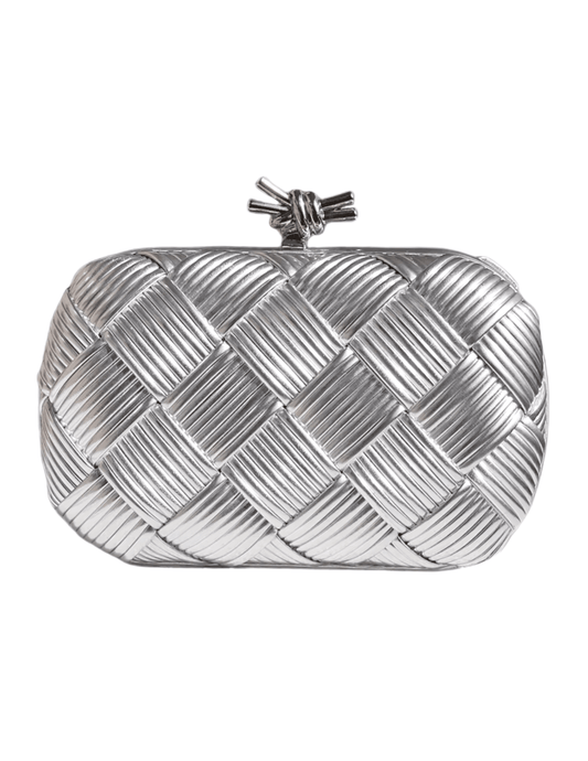 Austin Blaze Tina Metallic Woven Clutch in Silver with geometric woven design.