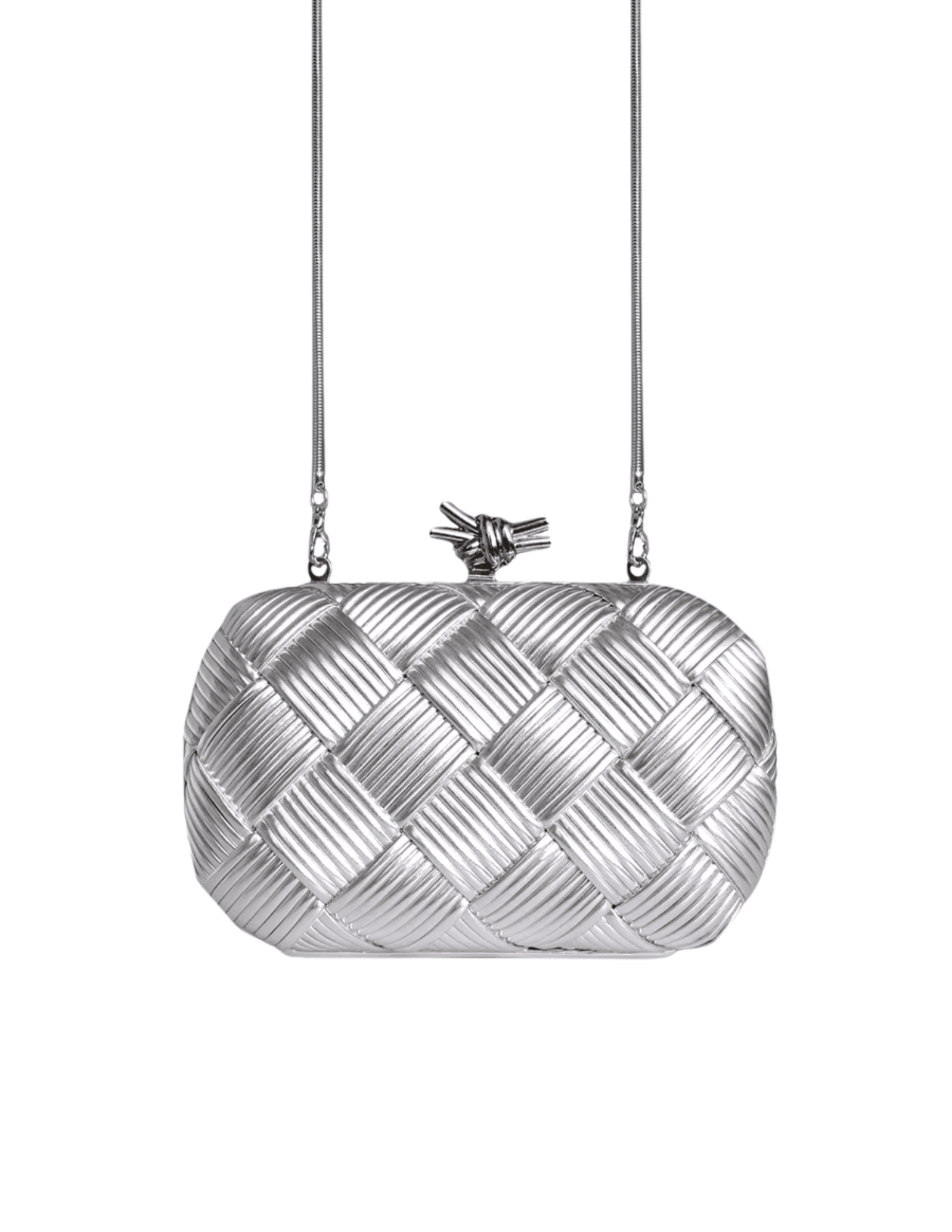 Austin Blaze Tina Metallic Woven Clutch in Silver with removable crossbody chain.
