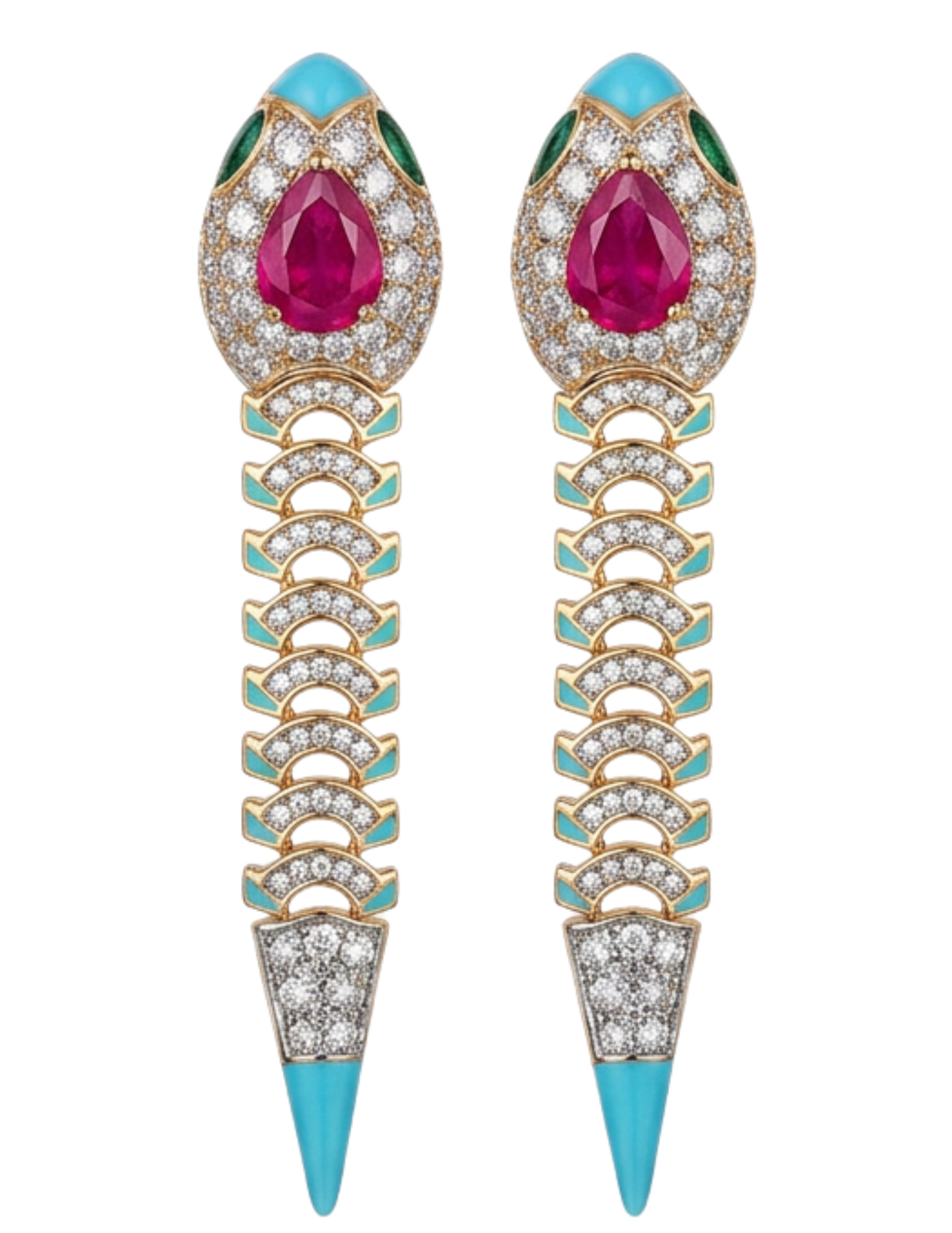 Austin Blaze Venom Embellished statement earrings featuring pink CZ stones, turquoise enamel accents, crystal embellishments, and a gold-tone snake-inspired design.