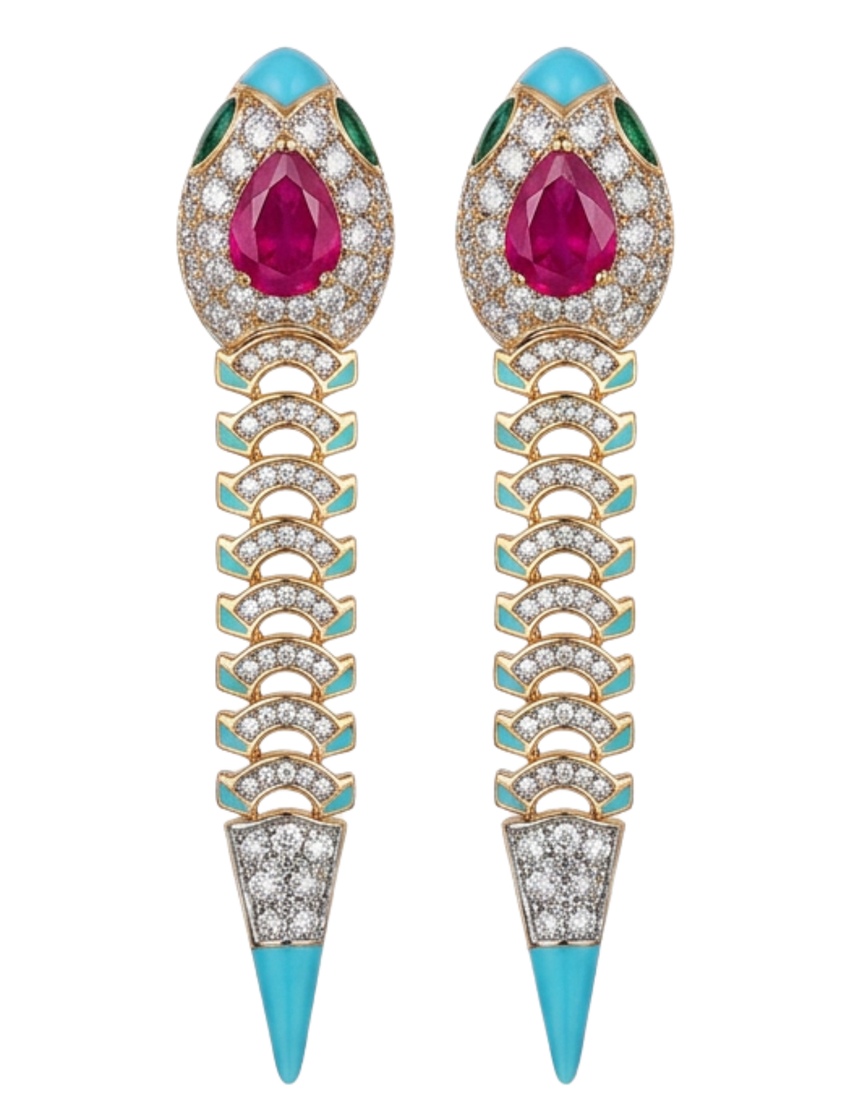 Austin Blaze Venom Embellished statement earrings featuring pink CZ stones, turquoise enamel accents, crystal embellishments, and a gold-tone snake-inspired design.
